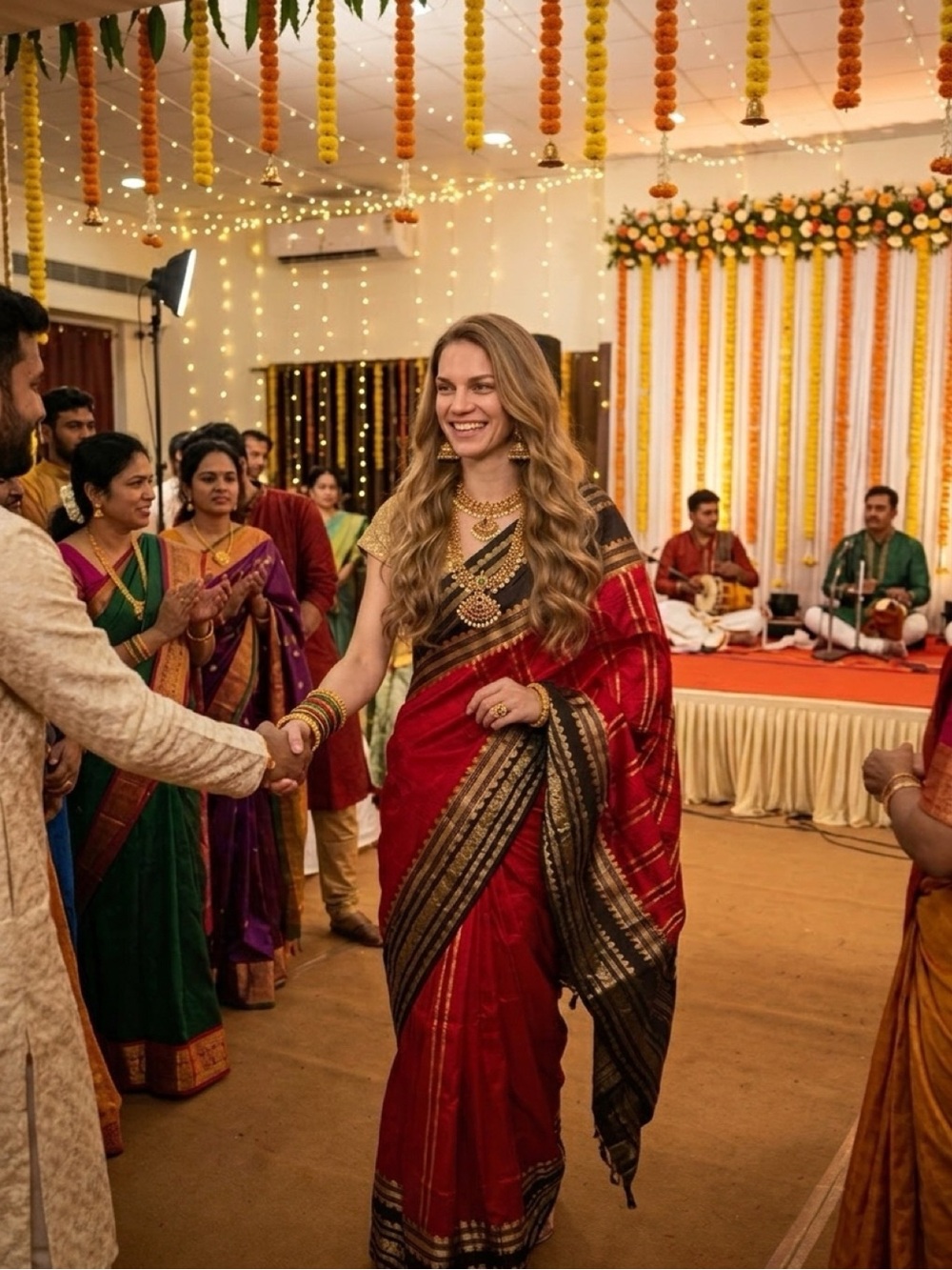 Red and Brown Silk Sari with Gold Woven Border